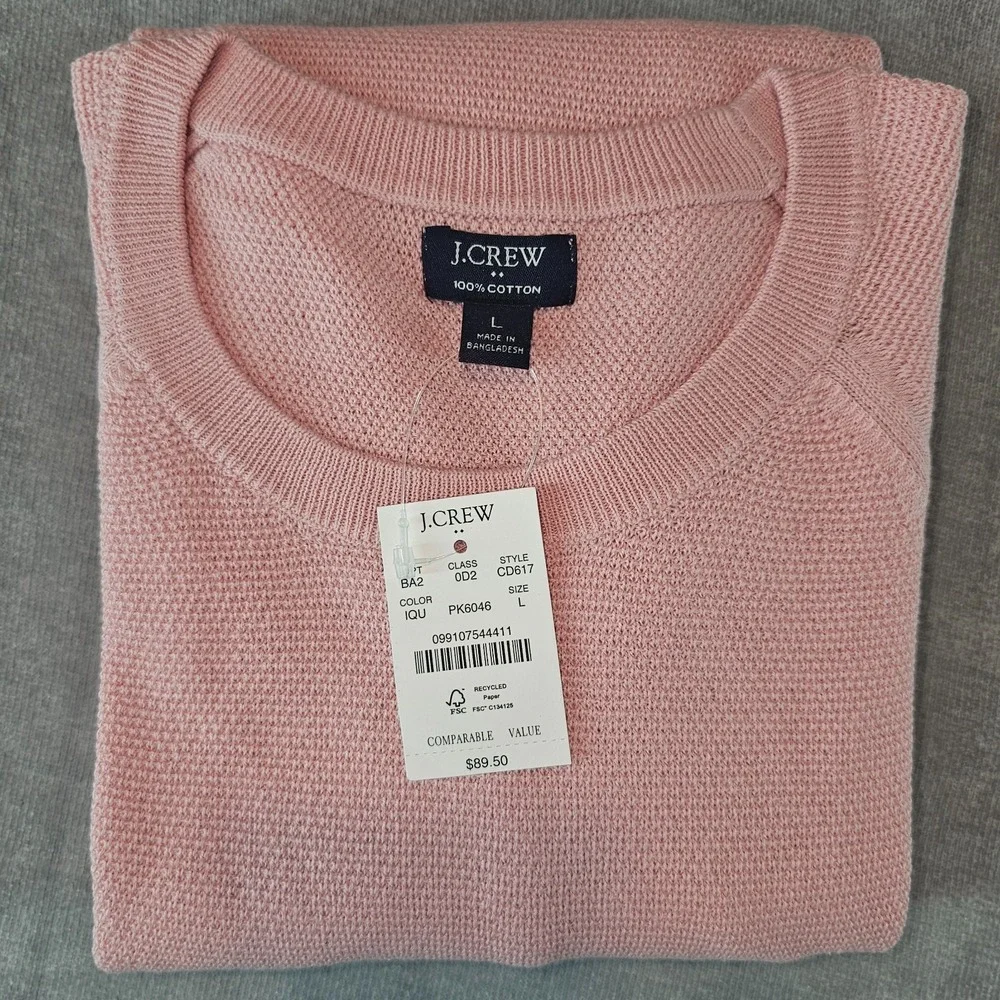 J.Crew Crewneck Sweater Men's Large Pink 100% Cotton Textured Raglan L CD617